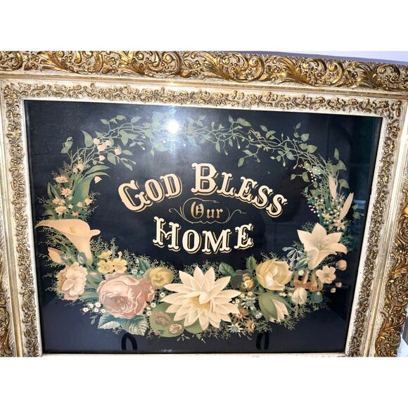 Antique God Bless Our Home Chromolithograph print antique gesso frame must see! - Picture 3 of 8